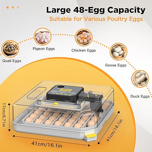 Incubator for Hatching 48 Eggs with Automatic Egg Turning and Humidity Control, Egg Incubator with Temperature, Incubators for Chicken, Ducks, Goose, Quail, Pigeon, Grey