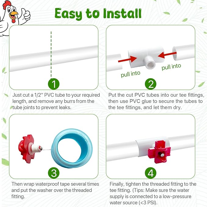 10 Pack Horizontal Side Mount Chicken Waterer Nipples, DIY Automatic Poultry Nipples, Non-Leak Chicken Waterer Drinker Kits with 1/2" PVC Tee Fittings, Organized&Clean Chicken Watering System