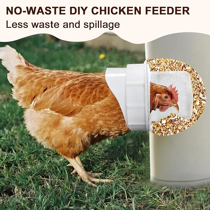 Chicken Feeder No Waste - 6 Pack Automatic Chicken Feeder with Lid and Hole Saw Rat & Rain Proof, Poultry Feeder for Buckets, Barrels, Bins, Boxes, Tanks