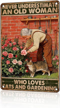 Vintage Garden Tin Sign Never Underestimate Old Lady Who Loves Cats And Gardening Retro Metal Sign Rustic Nostalgic Wall Decor For Home Garden Plaque Yard Patio Porch Living Room 12 * 8 In