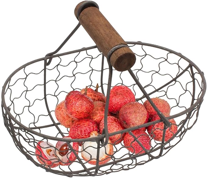 DUDOK Egg Basket, Iron+Wood Wire Egg Basket, Farmhouse Design, Black, Rectangular, Sturdy, Holds 12 Eggs, Comfortable Handle, Decorative, Kitchen, Dining Room, Living Room