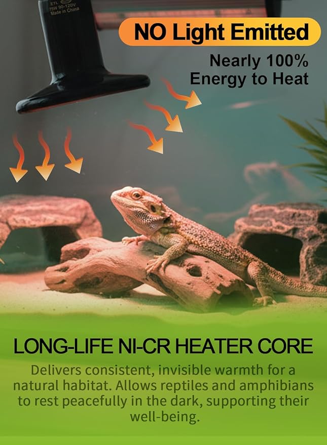 OMAYKEY 2-Pack 75W Ceramic Heat Lamp with 1-pcs Digital-Thermometer, Infrared Heat Emitter Bulbs for Reptiles, Amphibians, Chicken Brooder Coop Lizard Turtle Snake Aquarium, No Light No Harm