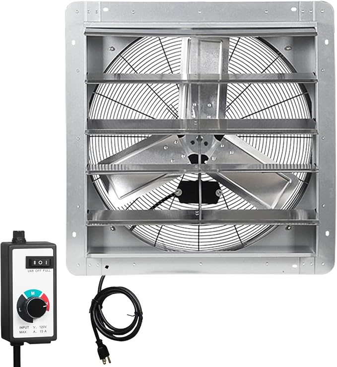 KEN BROWN 24 Inch Shutter Exhaust Fan with Controller Power Cord, Gable Vent Fan, Wall Mount Ventilation, High Speed 4200 CFM, Automatic Aluminum Blades, for Garages, Shop, Greenhouse, Attic