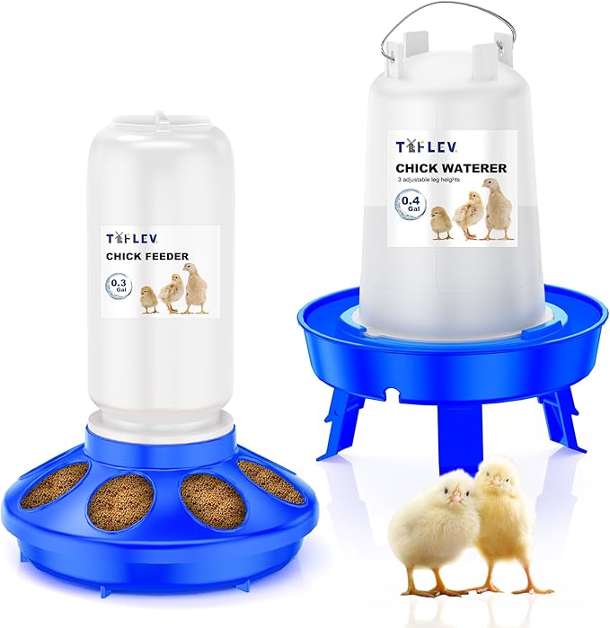Baby Chick Feeder and Waterer Set with Adjustable Height, Anti-Drown Poultry Waterer for Raising Chicks in Brooder (0.3 Gal Chick Feeder & 0.4 Gal Chick Waterer, Blue)