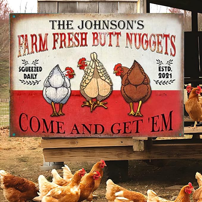 Personalized Fluffy Butt Hut Chicken Coop Sign, Custom Farmhouse Metal Sign with Spoiled Hens Wall Art, Funny Backyard Chicken Decor for Coop, Barn, Farm, Rustic Vintage Style DS3