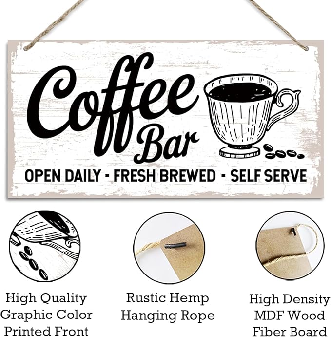 Coffee Bar Decor Sign, Fresh Brewed Coffee Bar Open Daily Self Serve, Hanging Decors for Kitchen Wall, Vintage Kitchen Decor, Cafe Decoration with Rope Hanging 12 x 6 Inches