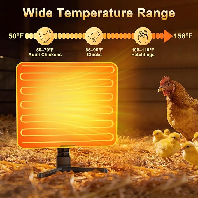 Brooder Plate for Chicks, 50–158℉ Chick Heat Plate with Smart Thermostat, UL Certified Radiant Heating Panel Brooder Heater, 180° Adjustable Angle & Hanging Design for Poultry Brooding & Chicken Coop