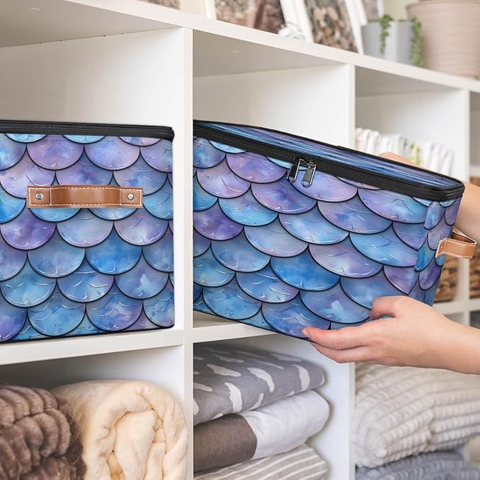 Mermaid Scales Storage Bins With Lids Fabric Collapsible Storage Box with Leather Handles for Home Bedroom Foldable Closet Shelf Organizer