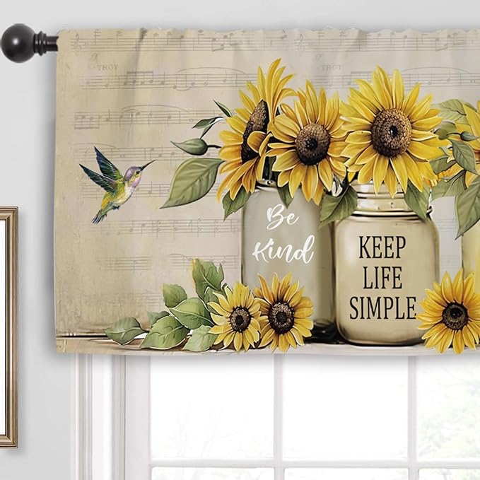 Miyotaa Sunflower Hummingbird Kitchen Curtain Valance 54W x 18H Rod Pocket Farmhouse Rustic Plant Vintage Inspirational Window Treatment for Living Room Bedroom Bathroom