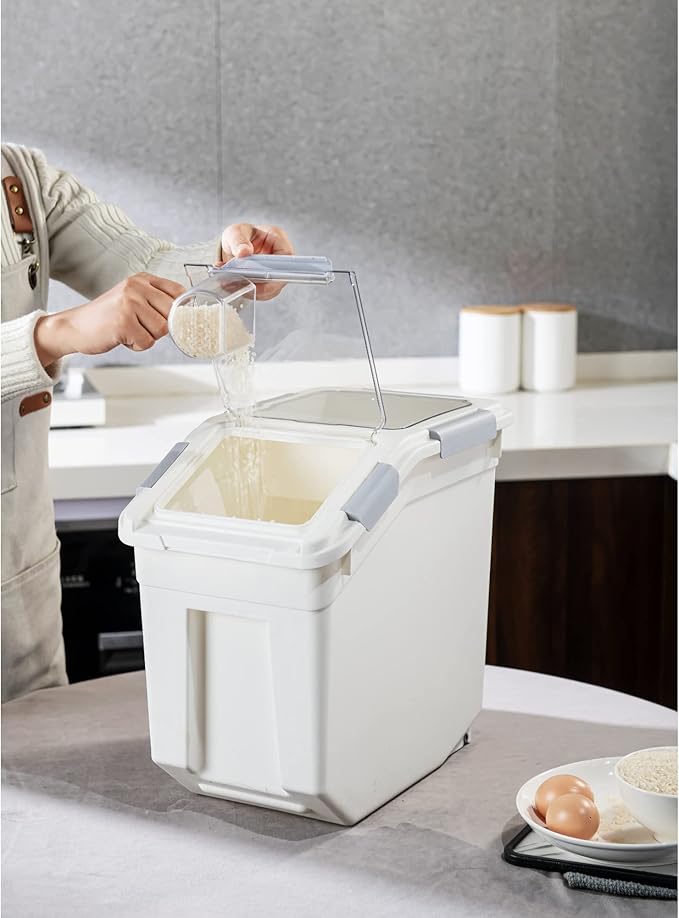 HANAMYA 33 Liter / 50 lbs Rice Storage Container with Measuring Cup, BPA free, For Rice | Grain | Pet Food | Flour, 1 count, White