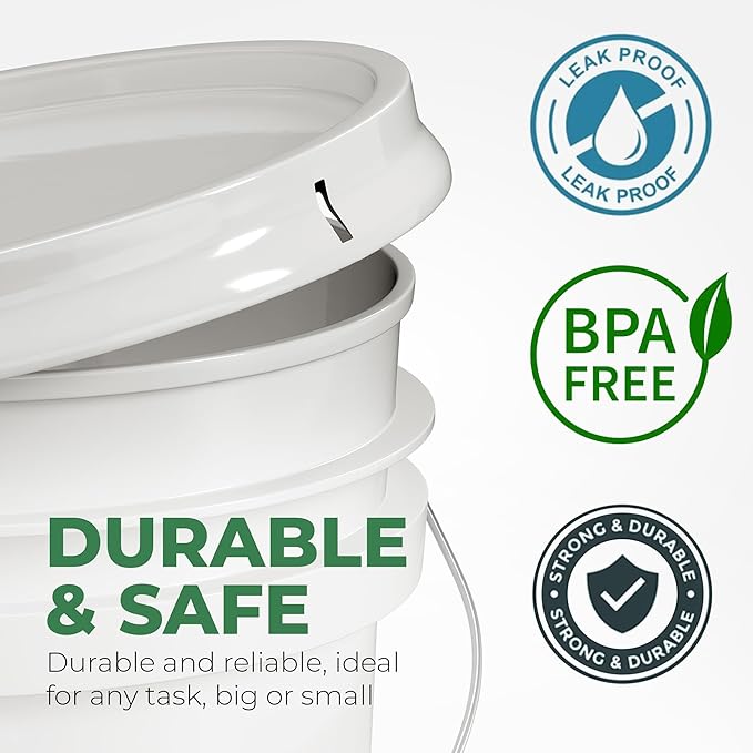 EconoHome 5-Gallon White Bucket Pail Container with Lid | Metal Handles with Plastic Grip for Easy Carrying | Easy Stack and Store | Heavy-Duty Extra Durable | Food Grade | BPA Free - 2 Pack