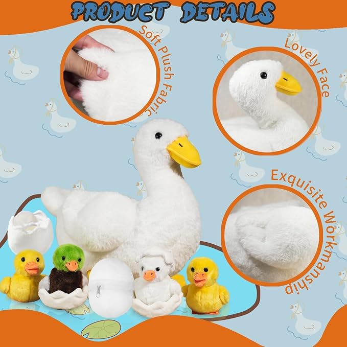 7 in 1 Duck Stuffed Animal Plush Duck Toys for Kids Toddler, 12" Mommy White Stuffed Duck Plush Toy with 4 Baby Ducks Ducklings Eggs Duck Plushie Pillow for Birthday Easter Stuffers Gifts Farm Party
