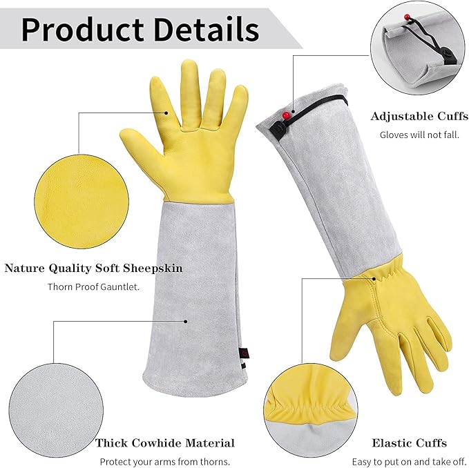 Gardening Gloves for Women/Men - Adjustable Cuff Goatskin Leather Elbow Long Sleeve Garden Gloves Gauntlet Puncture Thorn Proof Cactus Planting Rose Pruning Gloves Protective Work Gardener Gifts