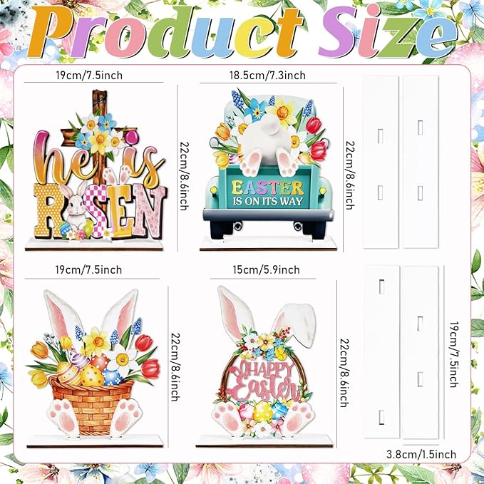 Easter Decor- 4pcs Wooden Easter Bunny Table Centerpieces for Tabletop Rustic Bunny Wood Table Sign with Eggs and Flower Ornament, Farmhouse Rabbit Decorations for home, Office, and Party Suppliers