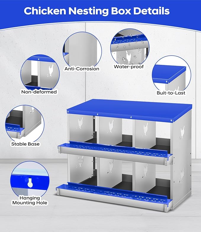 6-Hole Chicken Nesting Box, Rustproof Galvanized Steel, Wall-Mounted Metal Laying Box for Hens, Easy Egg Collection & Cleaning, Roll Away Nest Boxes - Blue