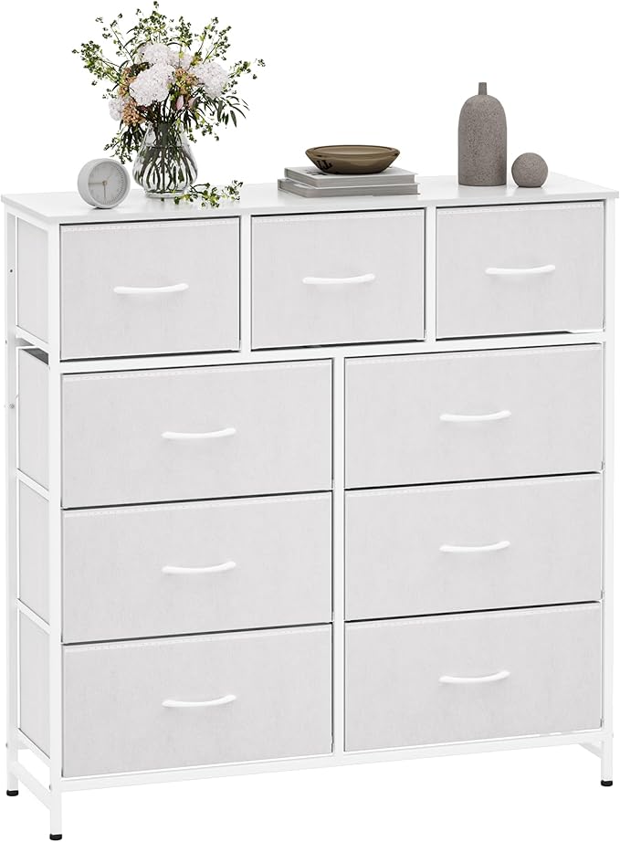 WelFurGeer 9-Drawer Dressers with Sturdy Metal Frame - Tall Chest Organizer Unit with Fabric Bins, Storage Chest of Drawers for Bedroom, Living Room, Hallway, Entryway, Closet, White