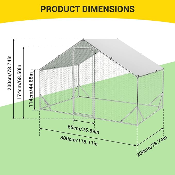 GarveeLife Large Chicken Coop, Metal Chicken Run with Anti-Ultraviolet Waterproof Cover, Spire Roof Walk in Poultry Cage, Outdoor Chicken Pen for Backyard and Farm Use, 9.8 ft x 6.5 ft x 6.5 ft