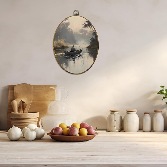CUANFDDSF Vintage Fishing Oval Wall Art Decor, Rustic Fisherman Wall Hanging Decor, Farmhouse Countryside Landscape Fisherman Framed Canvas Prints for Home Bedroom Living Room, 8.6x11.4 Inch