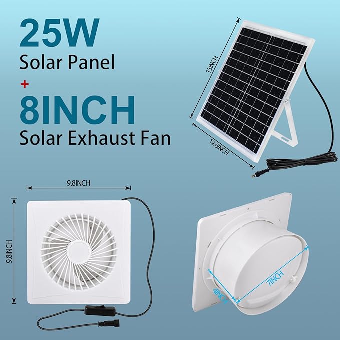 Solar Fan for Chicken Coop,25W Solar Panel+8" High Speed Solar Exhaust Fan with Bracket,Solar Fan with Power Adapter,Waterproof Solar Powered Fan for Chicken Coop,Greenhouse,Shed(White)