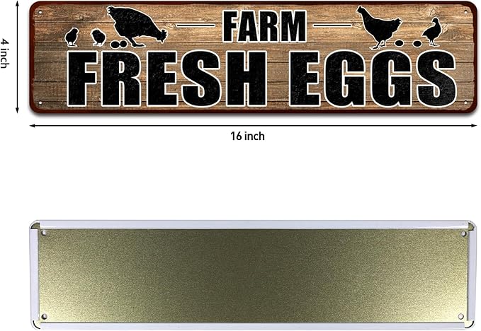 'Farm Fresh Eggs' Retro Vintage Metal Tin Bar Sign, Decorative Wall Art Signage, Primitive Farmhouse Country Kitchen Home Décor, 16" x 4"