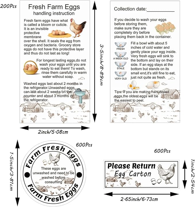 1400 Pcs Egg Stickers Kit for Farm Fresh Eggs 200 Egg Handling Instructions Stickers 600 Farm Fresh Eggs Stickers 600 Please Return Egg Carton Stickers for Egg Sellers Farmers Market Local Egg Dealer