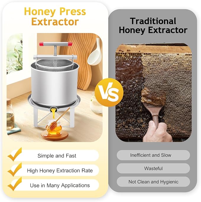Manual Bee Honey Extractor, 530 Oz Stainless Steel Fruit Extractors Utility Press Extractors with Mesh & Splash-Proof Bucket Beekeeping Supplies Wine Making Equipment for Farms, Beehives
