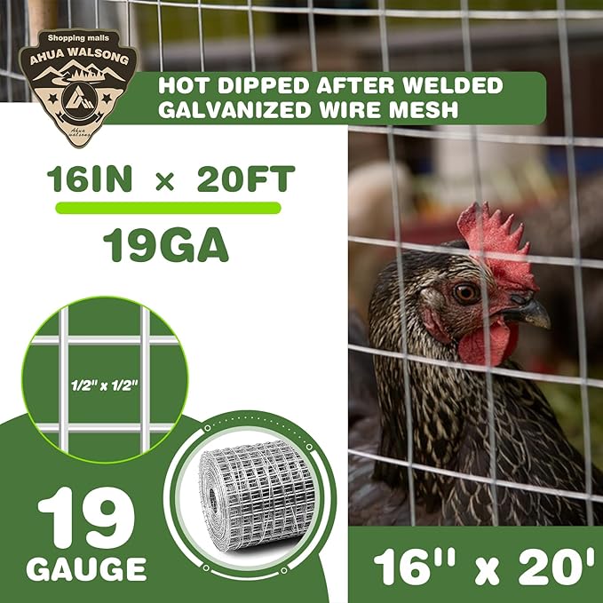 Hardware Cloth 1/2in 16'' x 20' 19GA ，Hot-dip Galvanized After Welding ，Chicken Wire Mesh,Chicken Coop Fence,Screen Mesh,Rabbit/Snake Fence,for Garden Poultry Animal Netting Cage
