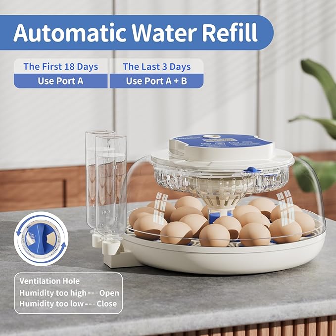 18 Egg Incubator with Incubation Day & Humidity Display, 2 Egg Trays, Automatic Egg Turning, Egg Candler, Automatic Refill, Adjustable Air Vent, for Chicken, Quail, Duck, Turkey & Goose Eggs, Lab