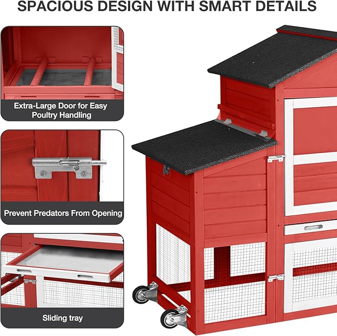 Large Chicken Coop with Wheels, Outdoor Wooden Hen House with Run & Nesting Box, for 3-5 Chickens, Waterproof Asphalt Roof, Leakproof Tray, Expandable Poultry Cage-Red