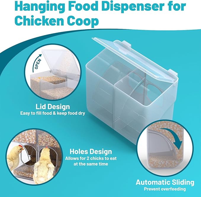 Automatic Chicken Feeder, Hanging Food Dispenser for Chicken Coop, No Waste Feeder with 2 Holes, Coop Accessories for Keep Food Dry & Keep Coop Tidy