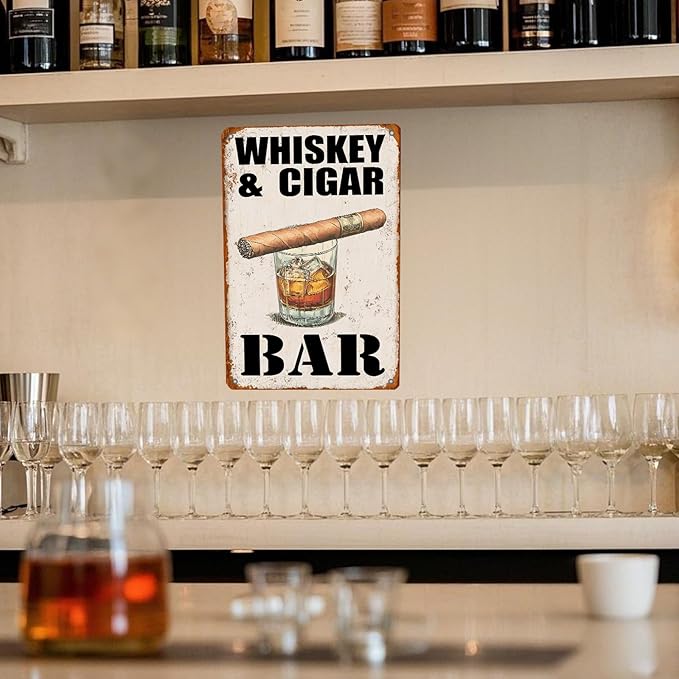 Metal Vintage Tin Sign Decor Whiskey and Cigar Bar Metal Pub,Club,Bar,Restaurant,Coffee bar, Vintage Art Wall Poster Plaque Decor 12x8 Inch