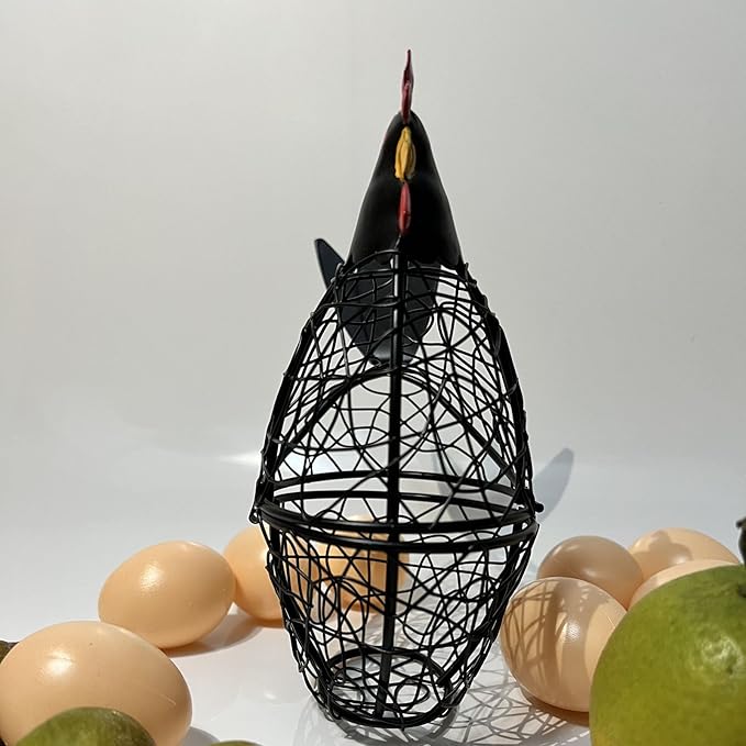 Wire Chicken Egg Basket for Desktop Decorative Ornaments,Egg Holder Chicken Shape Metal Egg Basket for Kids Gathering Fresh Eggs Farmhouse Rooster Wire Basket for Kitchen Countertop Decoration (Black)