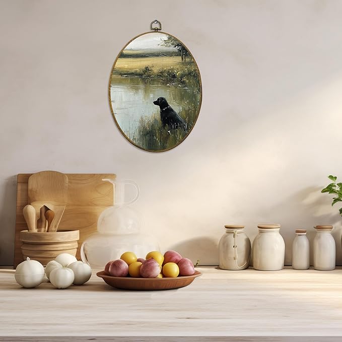 CUANFDDSF Vintage Black Labrador Landscape Oval Wall Art Decor, Countryside Cottagecore Farmhouse Cabin Wall Hanging Decor, French Country Framed Canvas Prints for Bedroom Living Room, 8.6x11.4 Inch