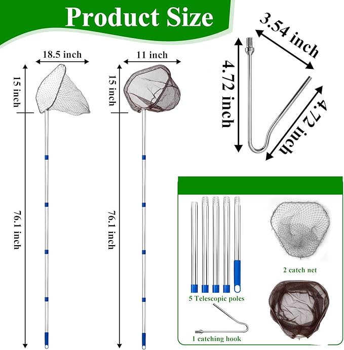 Chicken Catching Net 2 Pcs, Chicken Net for Poultry Supplies, Adjustable from 36.2" to 83.4" Telescopic Pole with Chicken Leg Hook, Fishing Net Suitable for Bird, Butterfly, Duck, Goose