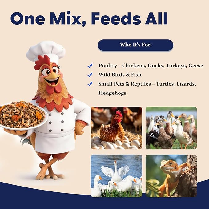 6-in-1 Poultry Treat Mix 5LBS High-Protein Mealworms, BSFL, Krill, Sunflower Seeds, Marigold Petals & Shells for Chickens & Ducks | Supports Strong Eggshells, Feather Health & Rich Yolks