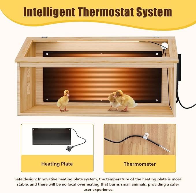 Brooder Box for Chicks Wooden, Chicken Brooder House with Thermostat & Heating Plate,All-in-One Chicken Brooder House w/Poultry Waterer, Adjustable Temp,Holds 30 Chicks Ducks Quails, 31.5"×15.7"×15.7"
