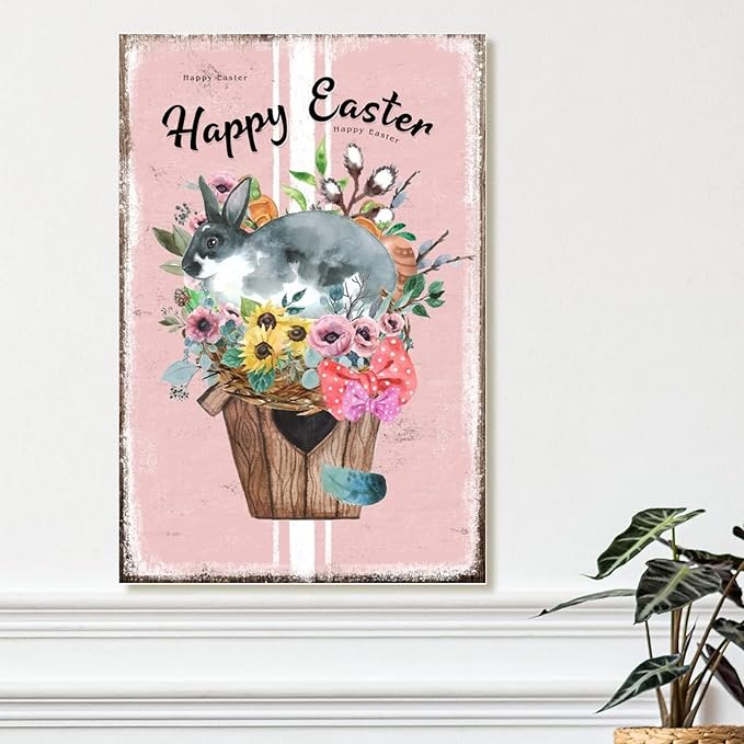 Happy Easter Flower Basket Bunny Wall Decor Wood Sign French Style Floral Pink Stripes Wood Plaque Hello Spring Happy Easter Day Wood Wall Art Signs for Kitchen 12x18in