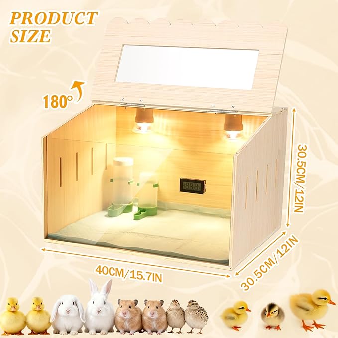 Chicken Brooder Box Kit with Adjustable Temperature Control & Embedded Thermometer - Includes 2 Heating Bulbs, 10 Absorbent Pads, Feeder, Waterer - Brooder Heater for Chicks, Quail