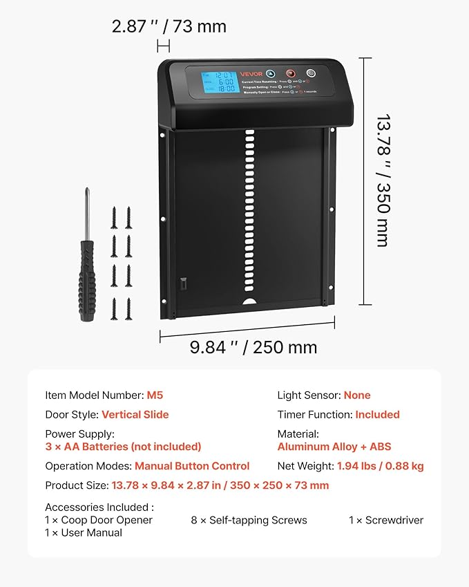 VEVOR Automatic Chicken Coop Door, Battery Powered Chicken Coop Door with Timer & Manual Setting, Anti-Pinch Security, Durable Aluminum Alloy, Auto Chick Run Gate Opener with Waterproof Sealing, Black