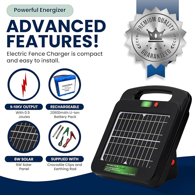 Solar Powered Electric Fence Charger 0.5 Joules Output (9-10KV) with Lithium Battery Energizer Containment & Protection of Livestock Horses Cattle Sheep Pets Easy Install