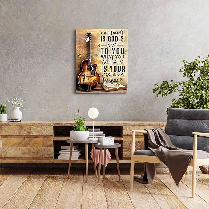 Christian Guitar Wall Art Inspirational Quotes Guitar Pictures Wall Decor Your Talent Is God'S Gift To You Framed Artwork Canvas Prints Music Room Decorations For Music Studio Bedroom 16"X20"