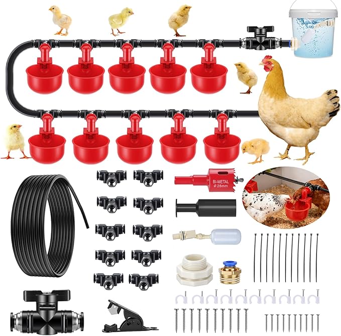 Complete Automatic Chicken Watering System with Quick-Connect Large Cups, 32.8ft Pipeline & Float Valve – 10 Red Cups, Removable & Washable