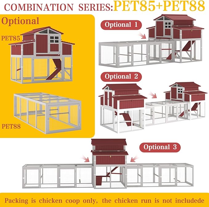 Large Chicken Coop Outdoor with Run, Expandable Hen House with 4 Nesting Boxes, Rabbit Hutch Poultry Bunny Cage for 2-4 Chickens with 4 Perches, Removable Tray and Ramp (56.3" L x 35.24" W x 52.8" H)