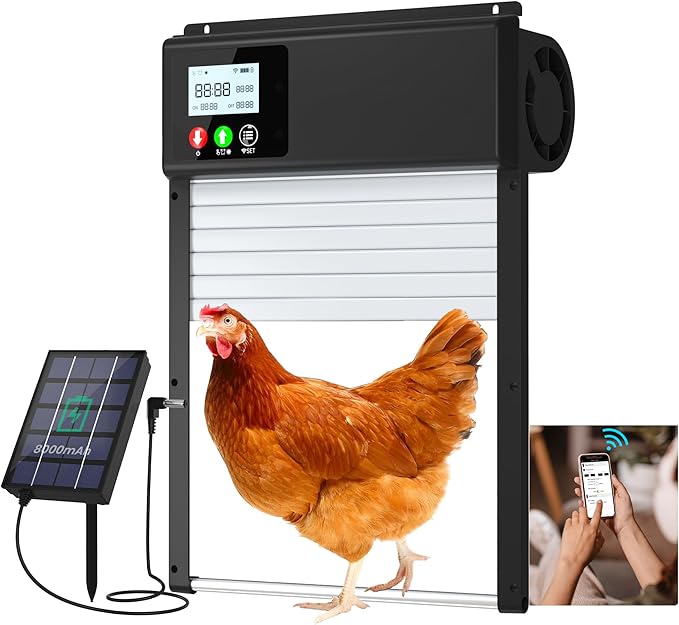 2026 New WiFi Chicken Coop Door Solar Powered with APP Control, Automatic Chicken Coop Door Timer & Light Sensor, Auto Chicken Coop Door Opener, Solar Chicken Coop Door Anti-Pinch Design LCD Display