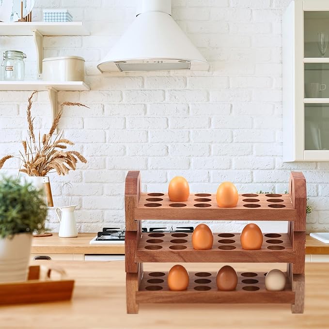 Patelai 3 Tier 54-hole Wooden Egg Holder Countertop Stackable Egg Storage Trays Organizer Eggs Container Rack for Rustic Home Kitchen Easter Decoration