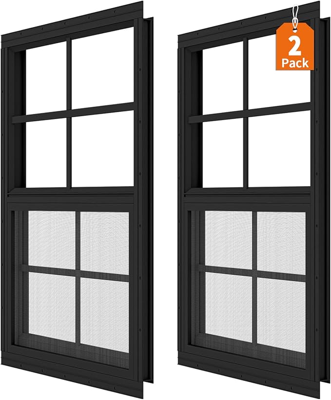 2 Pack Shed Windows 24" x 27" Flush Mount Window with Tempered Glass,House Small Windows,Household Sliding Windows for Chicken Coop, Playhouse, Household, Garage-Black