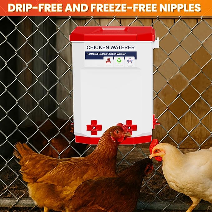 Nexum Heated Chicken Waterer - 3 Gallon Winter-Proof Poultry Drinker with Nipples and Stand, Auto Thermostat for Chickens, Ducks & Quail - Freeze-Resistant, Easy Fill (Red, 3 Gallon)