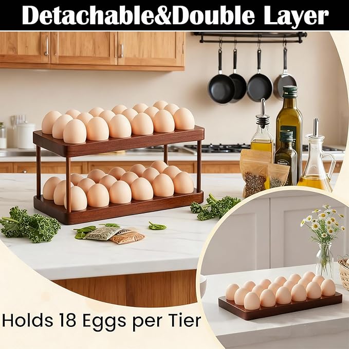 Acacia Wood Egg Holder for 36 Eggs, Rustic Countertop and Refrigerator Storage Tray, Farmhouse Kitchen Organizer with 1.5" Holes, Easy Clean Deviled Plates for Easter Decor,11.5" x 5.75" (2)