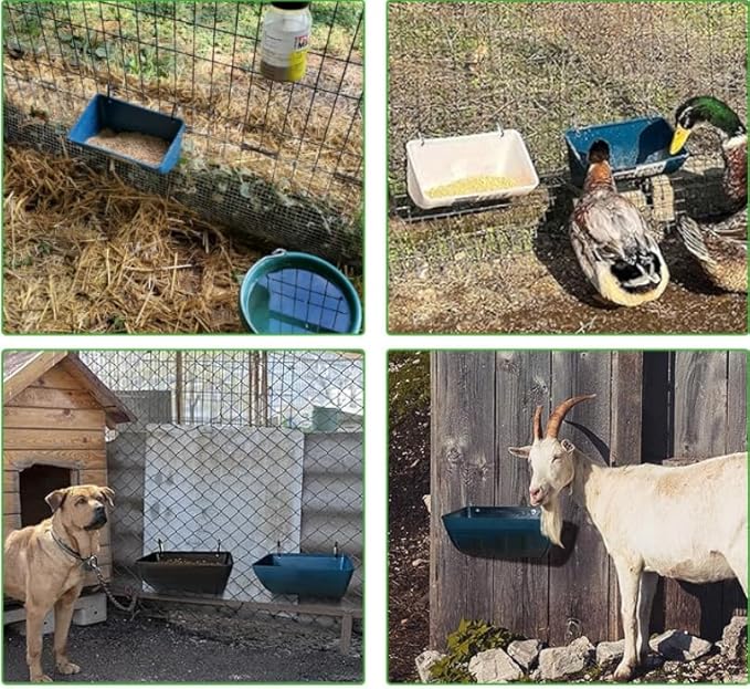 Goat Feeders Hanging 3 Pack 5 Quart, Chicken Waterer Feeder Trough for Poultry Duck Sheeple Coop Dog Livestock Poultry Plastic Trough Bucket, Hanging or Screw-in Fence Feeder with Clips, White