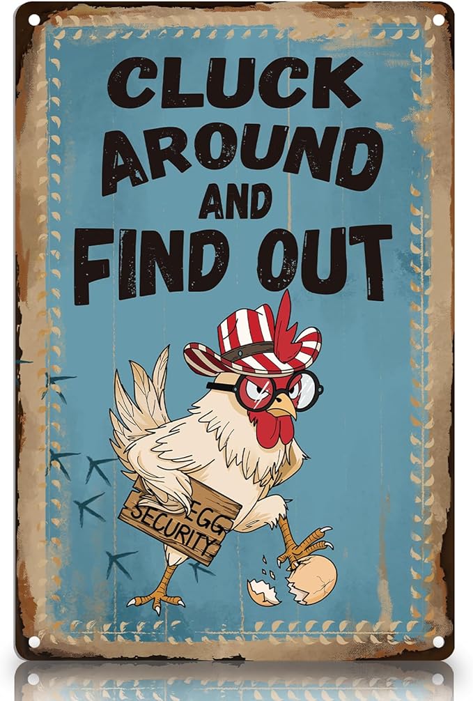 Funny Gift for Chicken Lovers – Retro Chicken Coop Sign with Sassy Hen Artwork, Metal Tin Sign for Outside Fence, Farm Gate or Indoor Wall Decor, Perfect Christmas Decoration, 8" x 12“